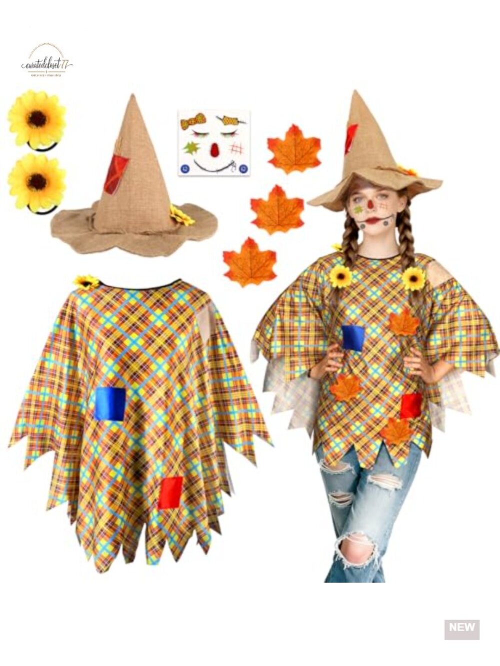 Scarecrow Costume Poncho Hat Face Decals Felt Halloween Thanksgiving Set